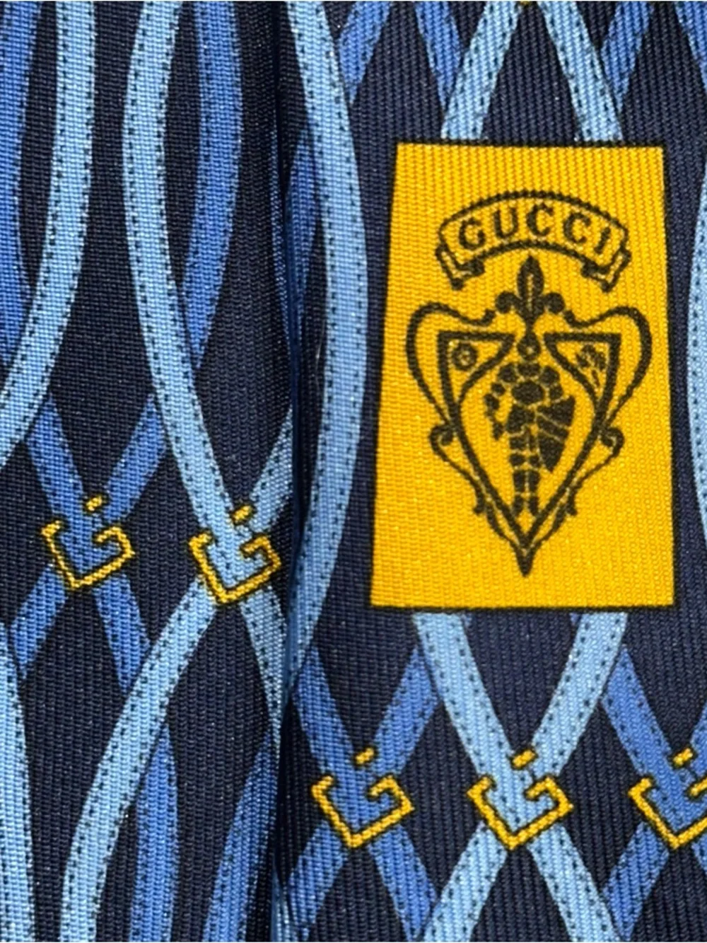 Gucci Navy Light Blue Gold G Logo Link Interlocking Print Silk Necktie Tie - Picture 7 of 12